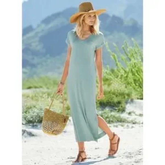 Peruvian Connection Malibu Short Sleeve Cotton T-Shirt Midi Dress Seafoam-S - Picture 2 of 4
